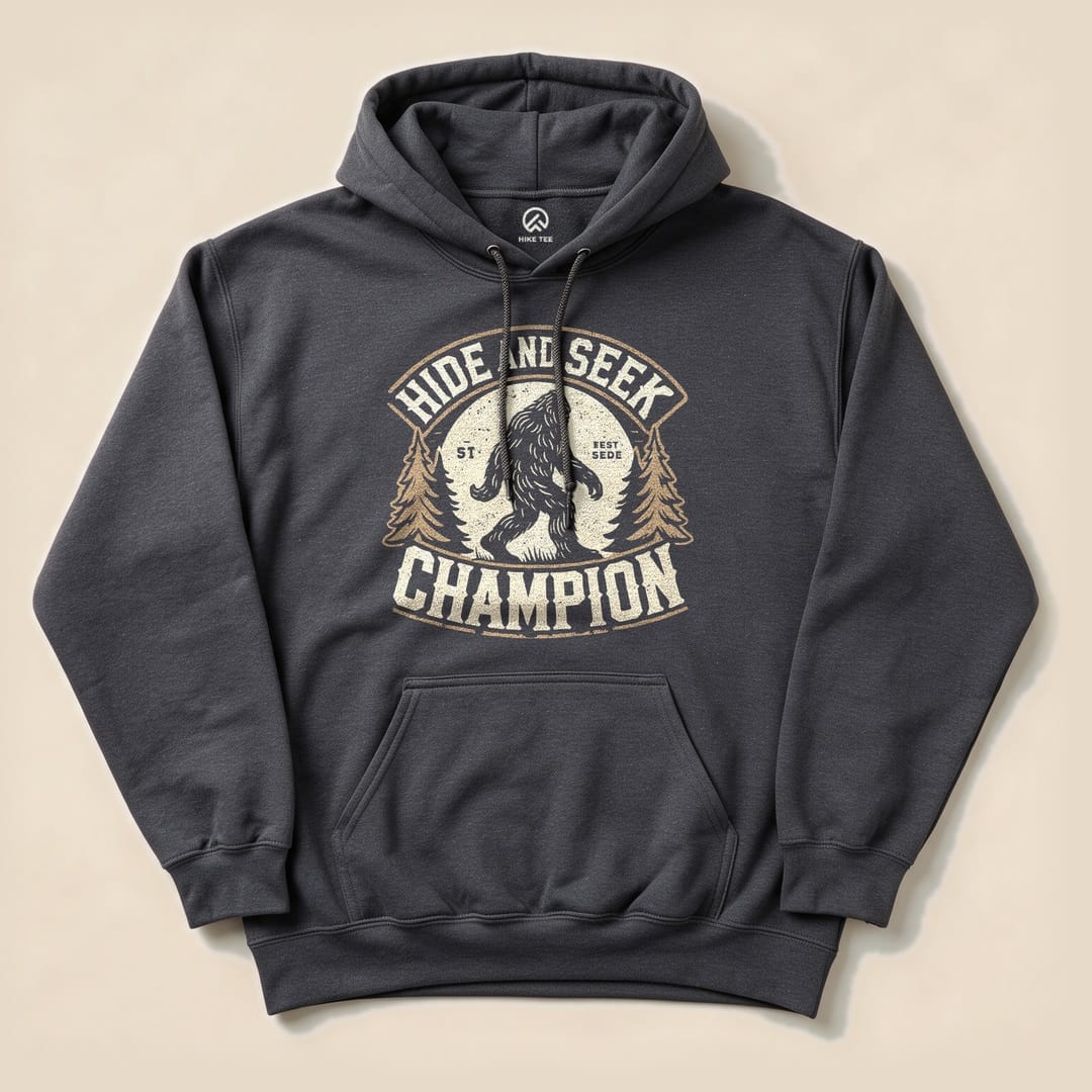 A charcoal hoodie featuring a graphic design of Bigfoot and the text "Hide and Seek Champion" surrounded by trees.