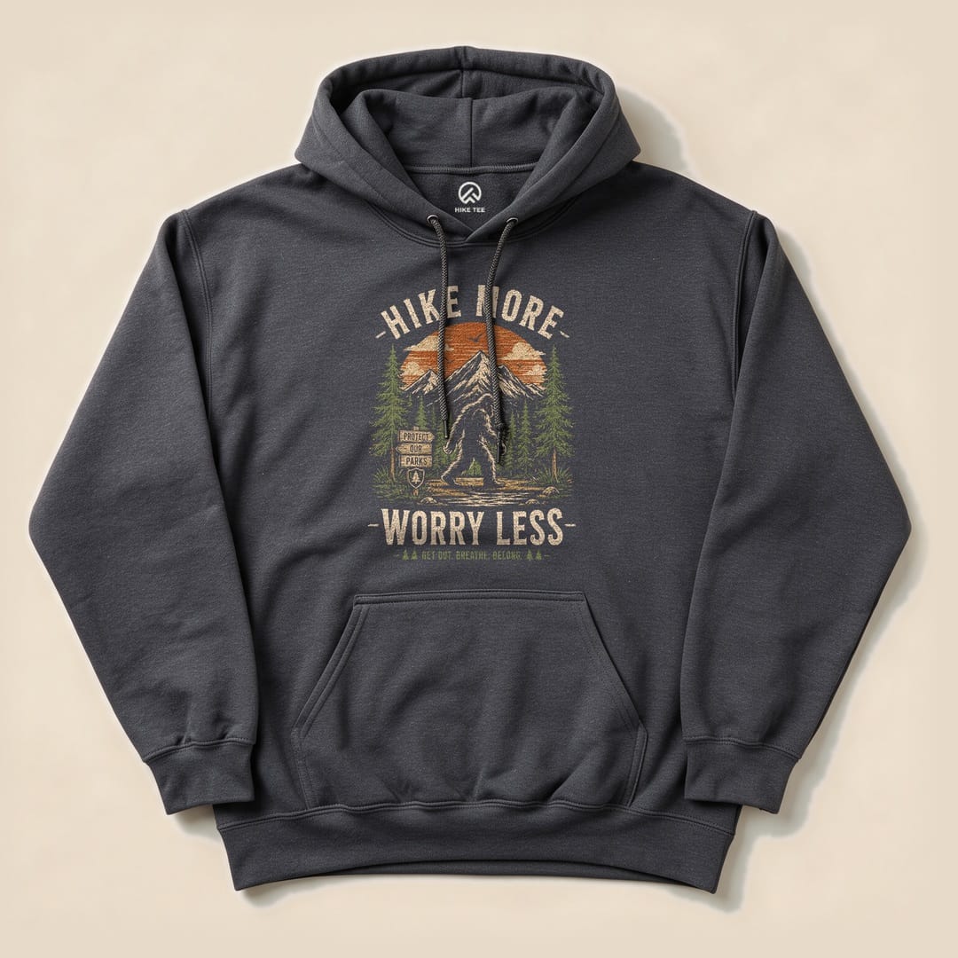 The Hike More, Worry Less Bigfoot Hoodie features a graphic of Bigfoot among trees and mountains, with the slogan above and below.