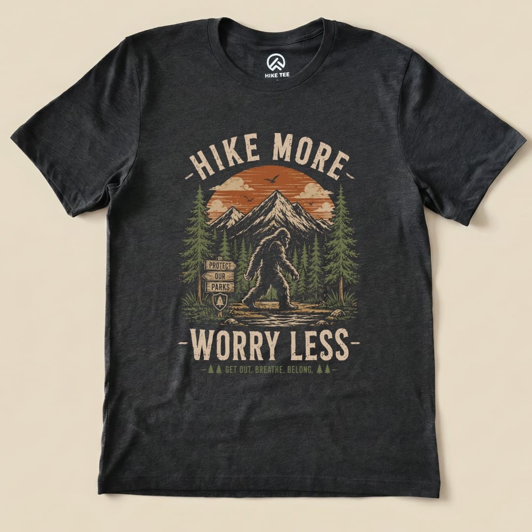 Hike More, Worry Less Bigfoot Shirt Hike Tee T-Shirt Dark Grey Heather / S