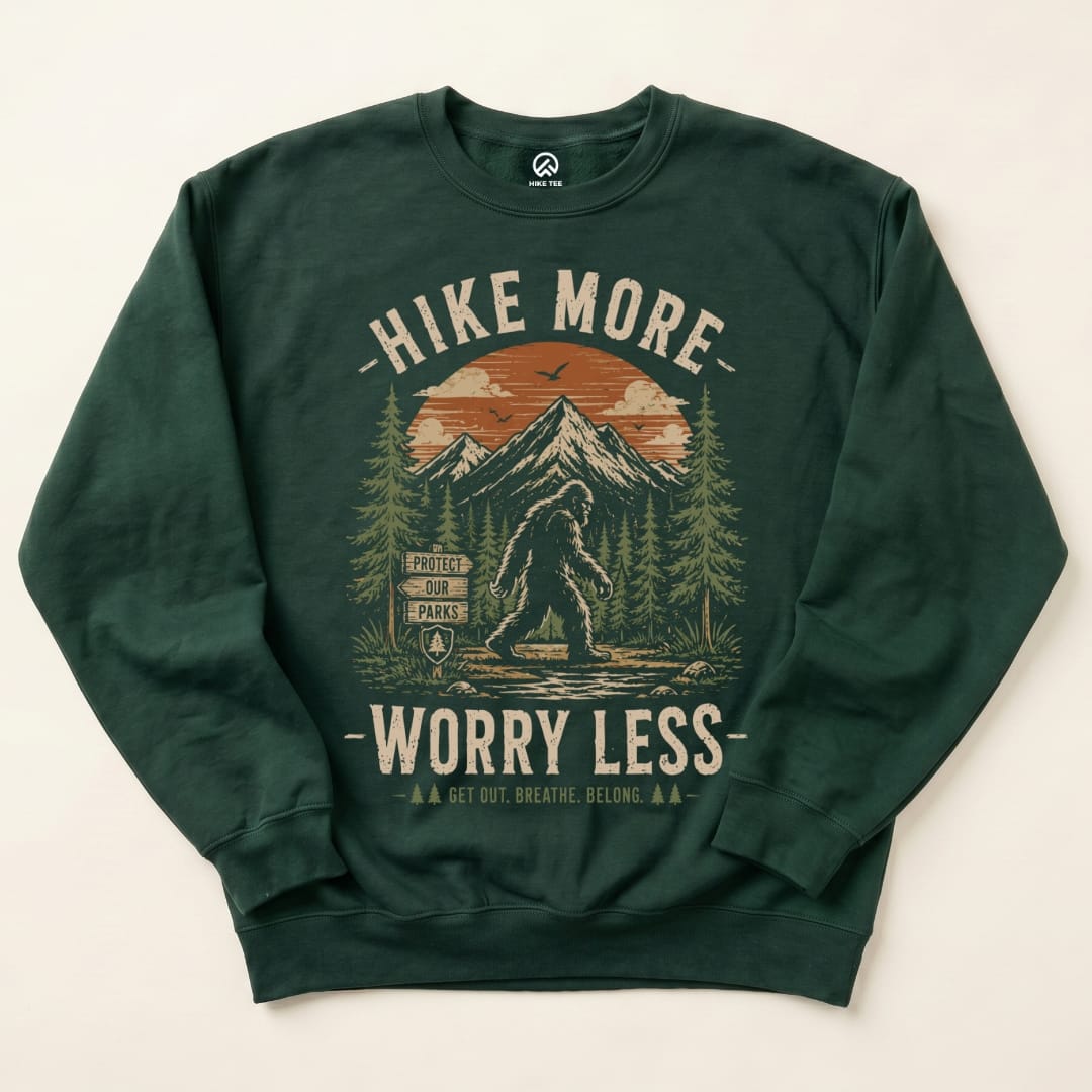 Hike More, Worry Less Bigfoot Sweatshirt in Forest Green
