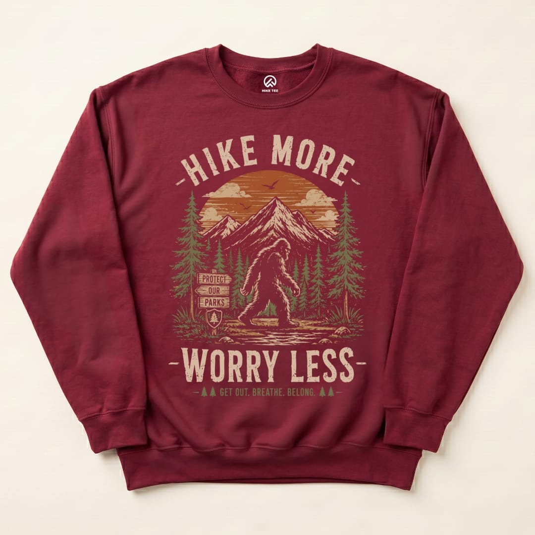 Hike More, Worry Less Bigfoot Sweatshirt in Maroon