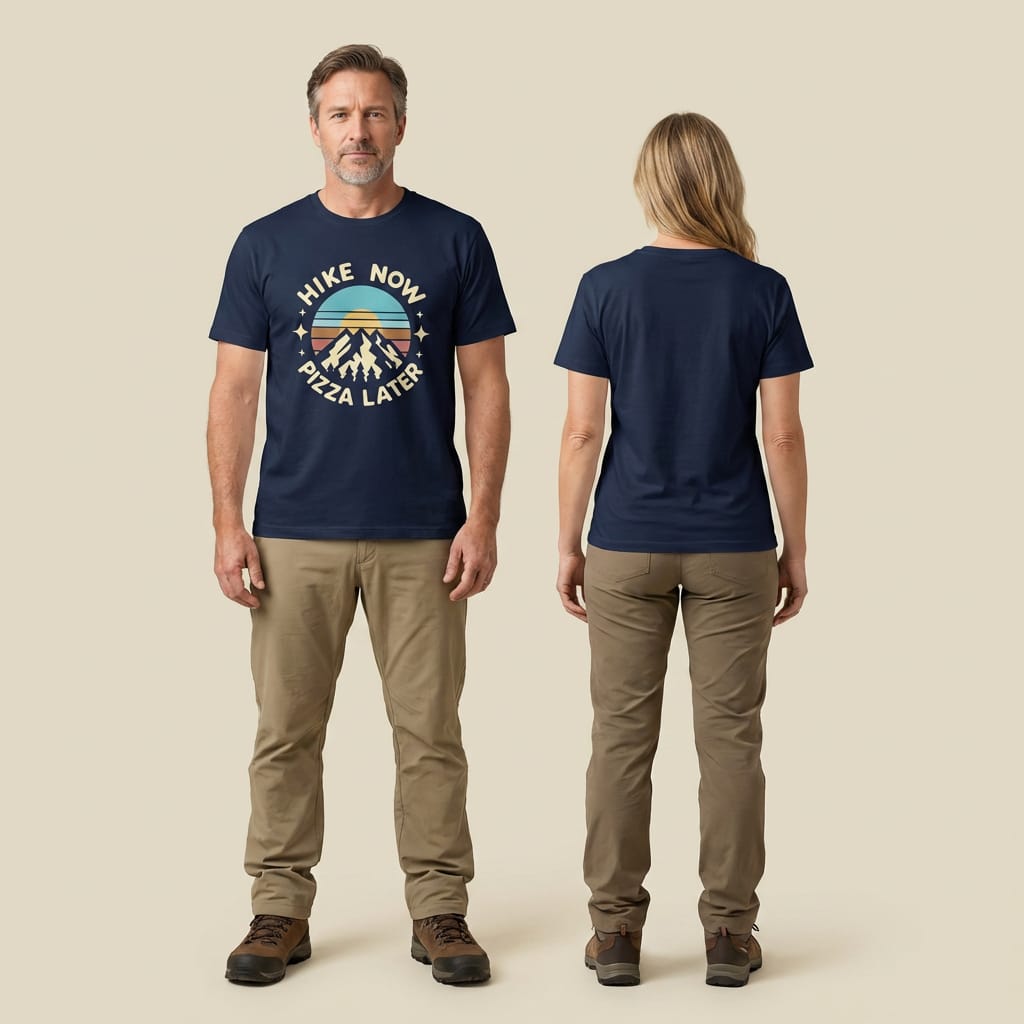 Printify T-Shirt Hike Now Pizza Later Shirt