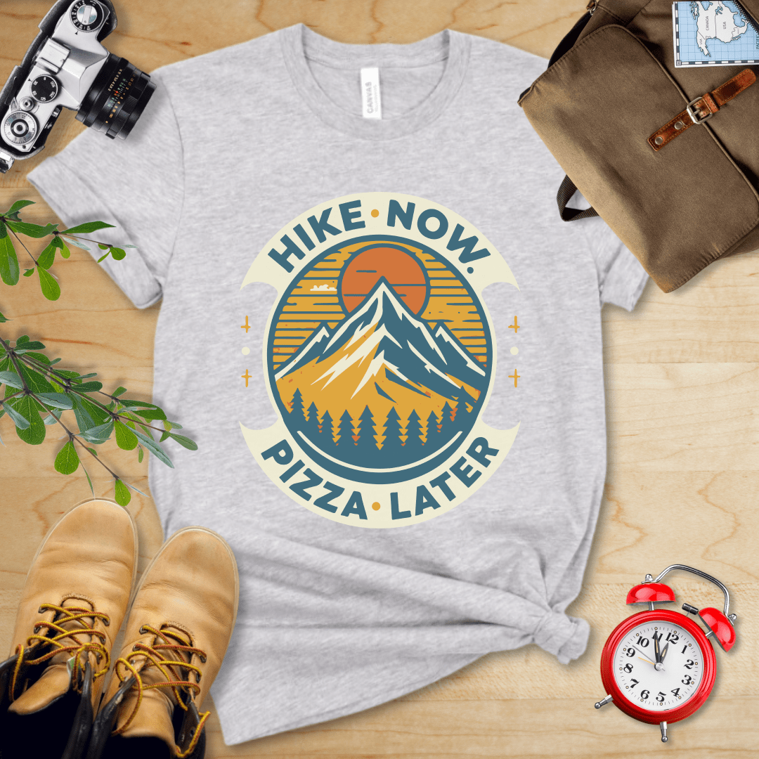 Printify T-Shirt Athletic Heather / S Hike Now Pizza Later Shirt