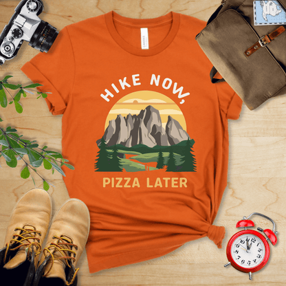 Printify T-Shirt Autumn / S Hike Now Pizza Later Shirt