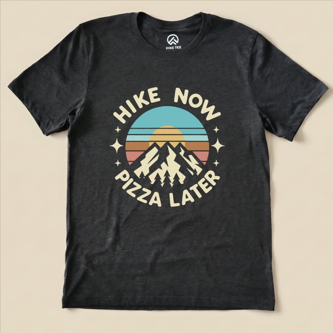 Printify T-Shirt Dark Grey Heather / S Hike Now Pizza Later Shirt