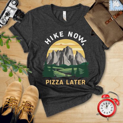 Printify T-Shirt Dark Grey Heather / S Hike Now Pizza Later Shirt