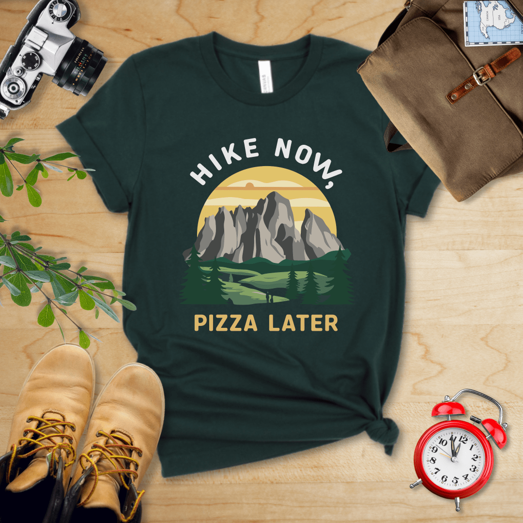 Printify T-Shirt Forest / S Hike Now Pizza Later Shirt