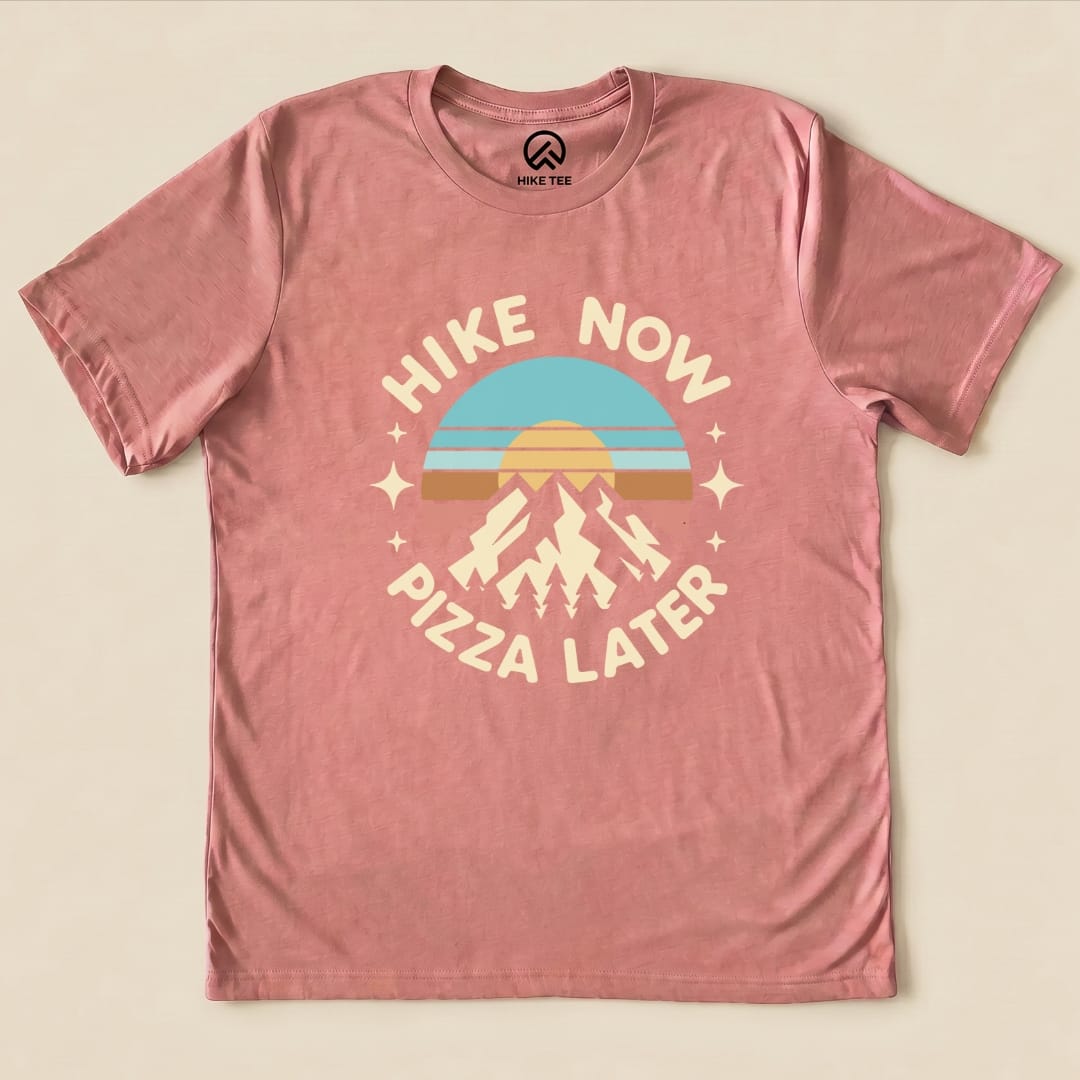 Printify T-Shirt Heather Mauve / S Hike Now Pizza Later Shirt