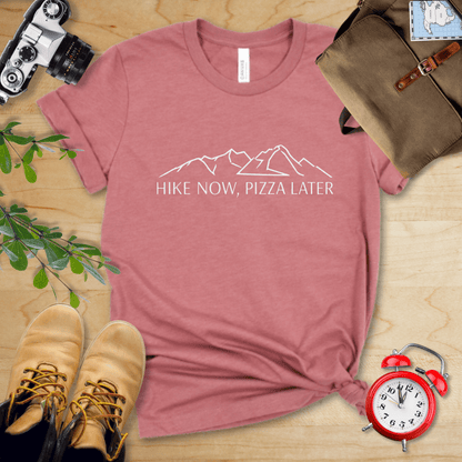 Printify T-Shirt Heather Mauve / S Hike Now Pizza Later Shirt