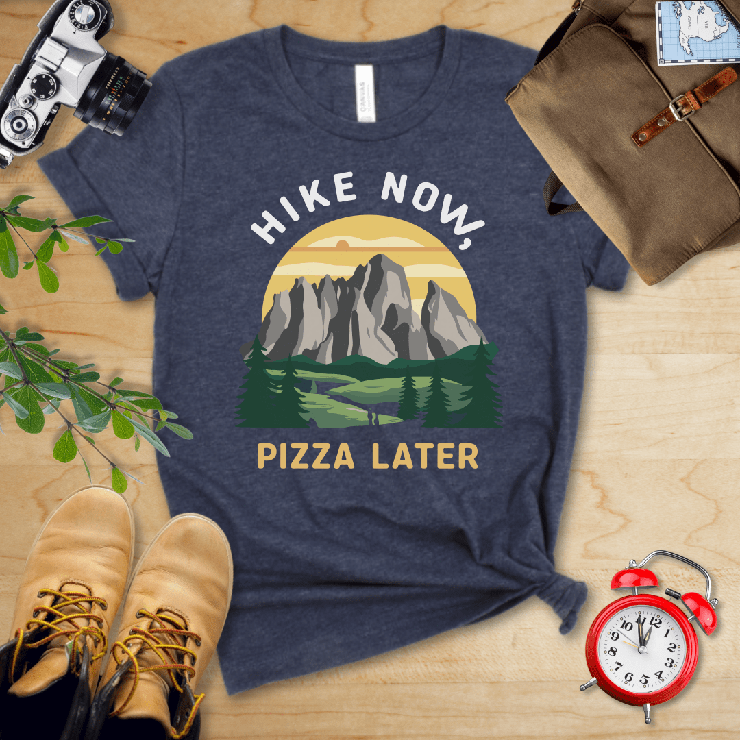 Printify T-Shirt Heather Navy / S Hike Now Pizza Later Shirt