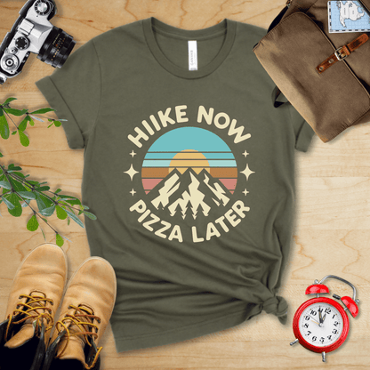 Printify T-Shirt Military Green / S Hike Now Pizza Later Shirt