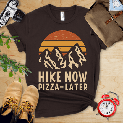 Printify T-Shirt Brown / S Hike Now Pizza Later