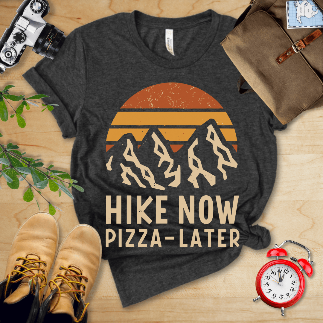 Printify T-Shirt Dark Grey Heather / S Hike Now Pizza Later