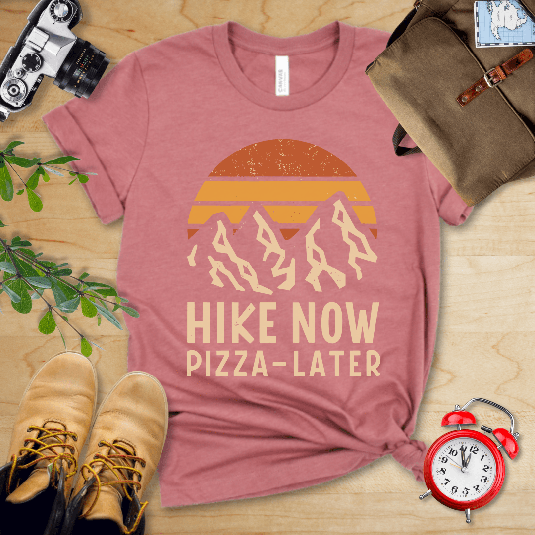 Printify T-Shirt Heather Mauve / S Hike Now Pizza Later