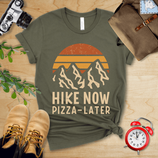 Printify T-Shirt Military Green / S Hike Now Pizza Later