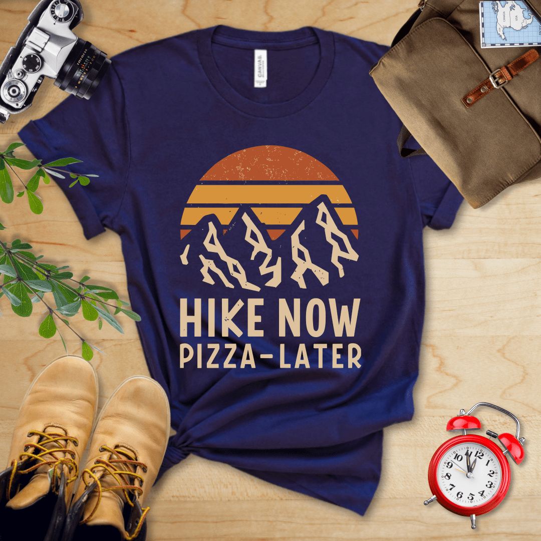 Printify T-Shirt Navy / S Hike Now Pizza Later