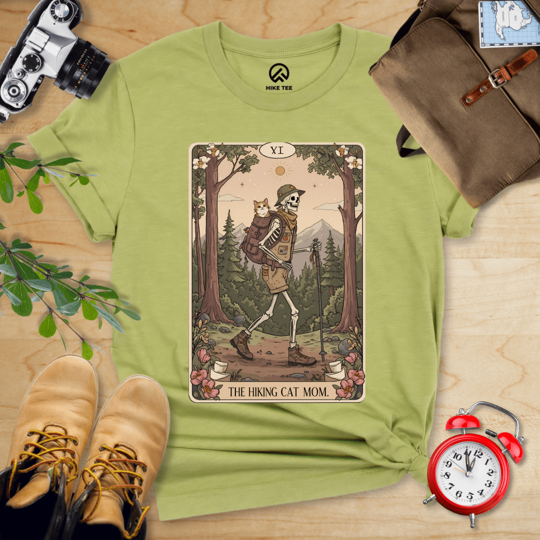 Hike Tee T-Shirt Heather Green / S Hiking Cat Mom Tarrot Card Shirt