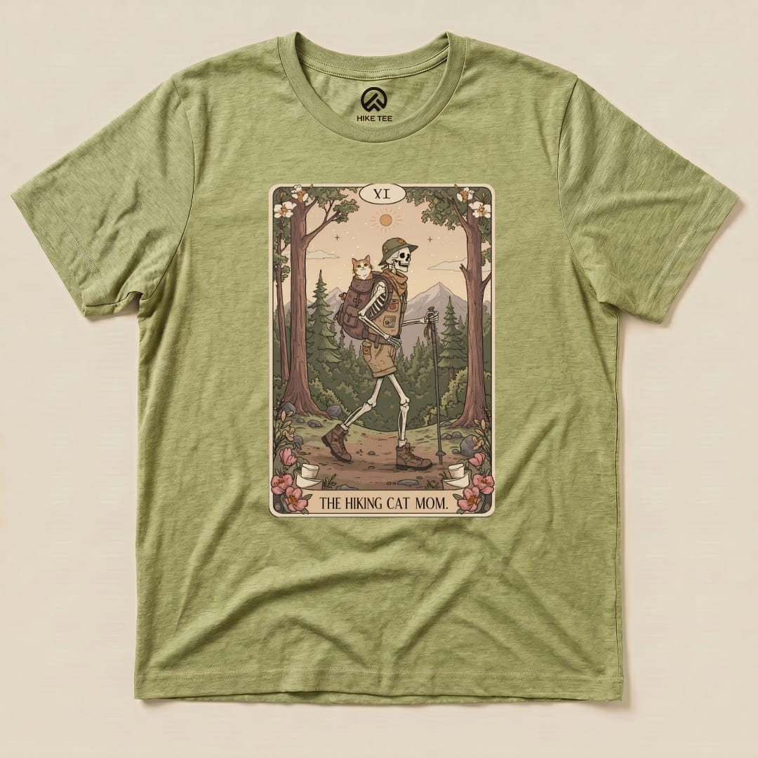 Hike Tee T-Shirt Heather Green / S Hiking Cat Mom Tarrot Card Shirt