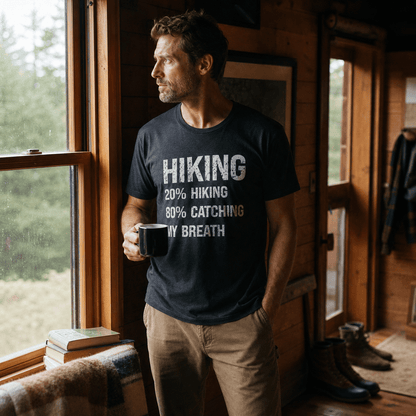 A man stands indoors by a window wearing a graphic t-shirt that reads "Hiking 20% HIKING 80% CATCHING MY BREATH.