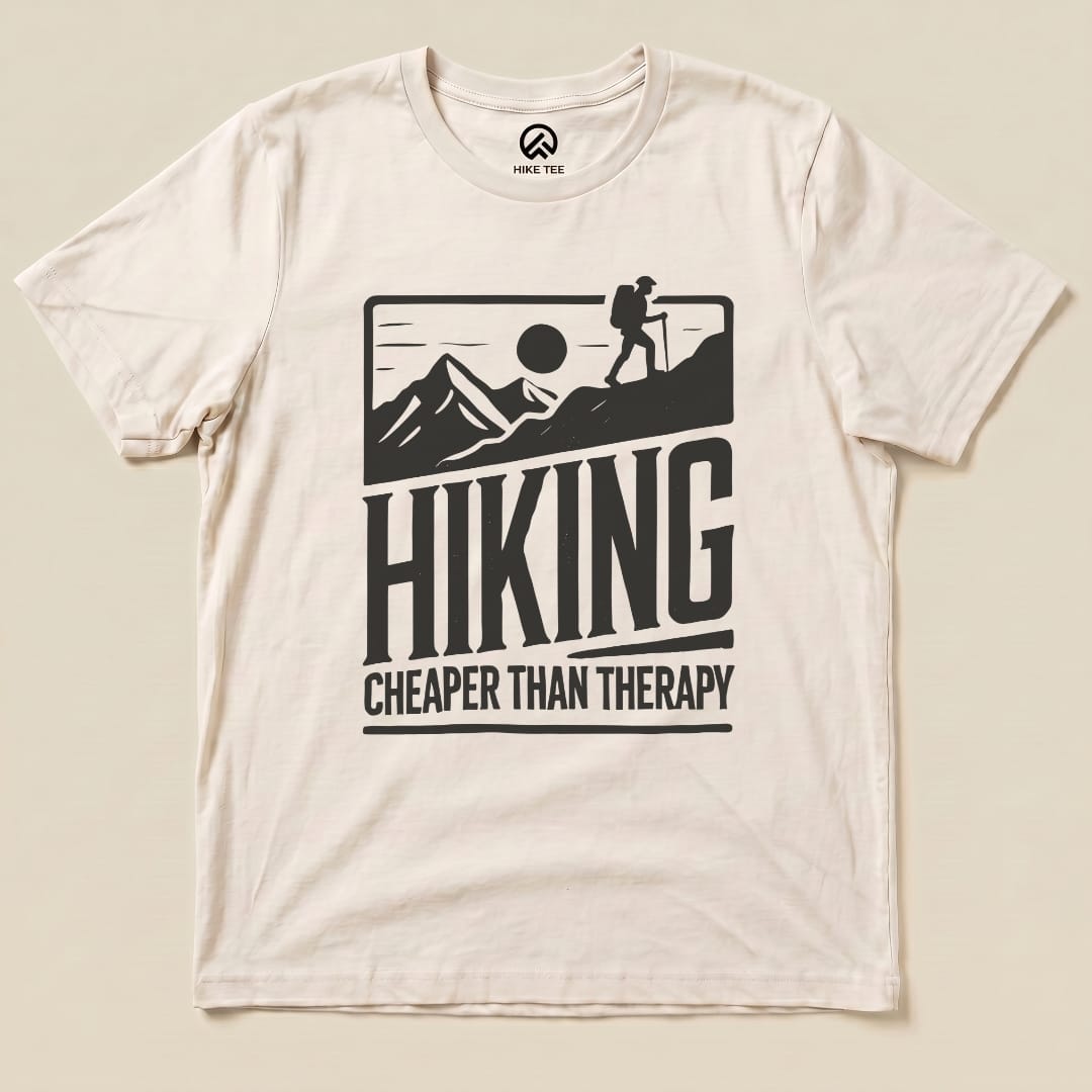 The Hike Tee features a graphic t-shirt with bold text stating "HIKING CHEAPER THAN THERAPY" above a hiker and mountains.