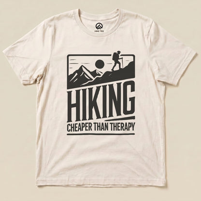 The Hike Tee features a graphic t-shirt with bold text stating "HIKING CHEAPER THAN THERAPY" above a hiker and mountains.