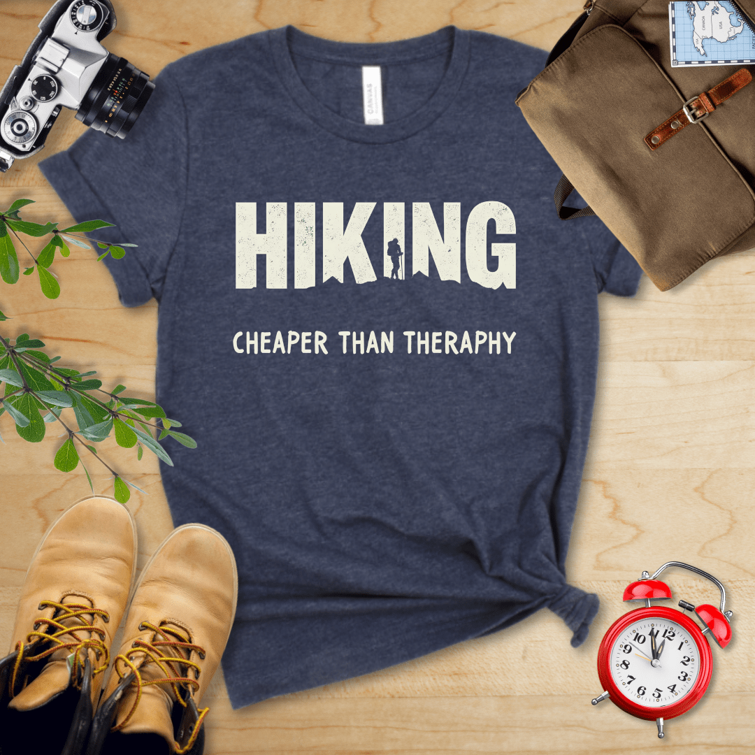 Printify T-Shirt Heather Navy / S Hiking - Cheaper Than Therapy