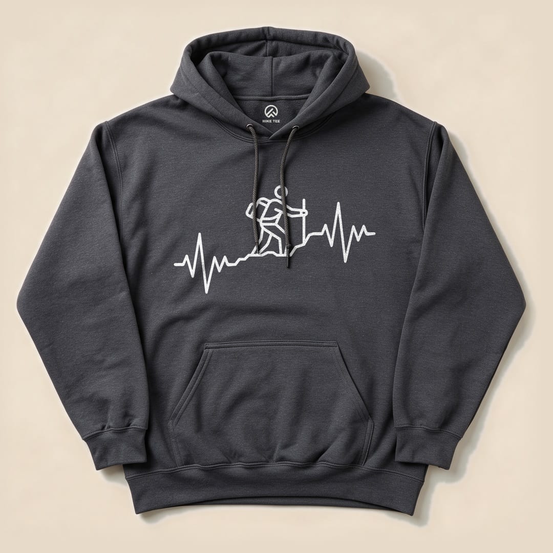 A dark gray "Hiking Heart Rate Hoodie" featuring a white graphic of a hiker and a heartbeat line across the chest.