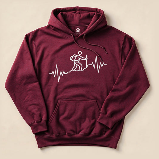 A maroon "Hiking Heart Rate Hoodie" features a white graphic of a hiker on a heartbeat line, highlighted on a flat display.