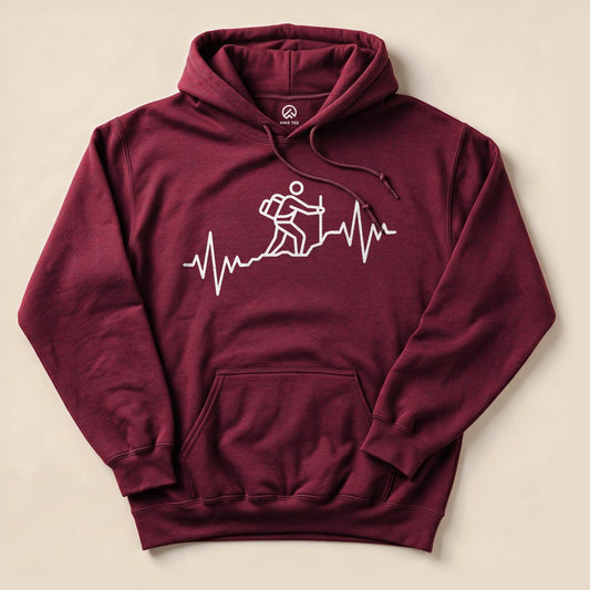 Maroon Hiking Heart Rate Hoodie with a heartbeat line and hiker graphic