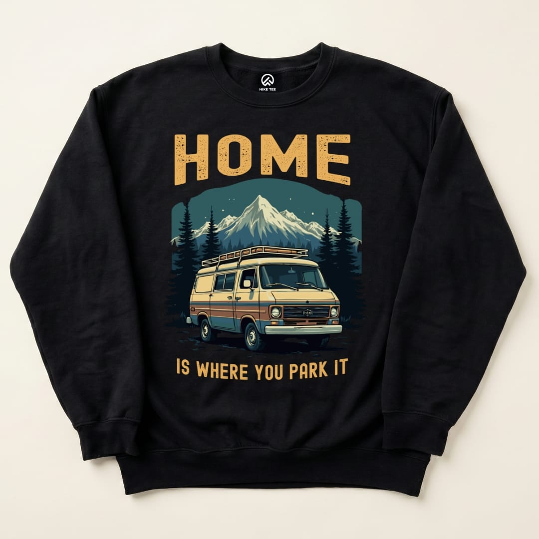 A black "Home Parked Sweatshirt" features a vintage van and mountains graphic with the text "HOME IS WHERE YOU PARK IT".