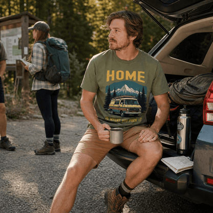A man sits on the tailgate of a car wearing a graphic t-shirt that reads "Home Is Where You Park It" with a vintage camper design.