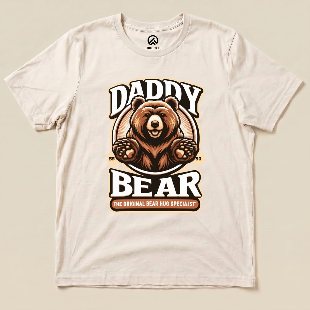 Graphic t-shirt featuring the "Hug Daddy Bear Shirt" design, showcasing a bear with outstretched paws and the text "Daddy Bear.