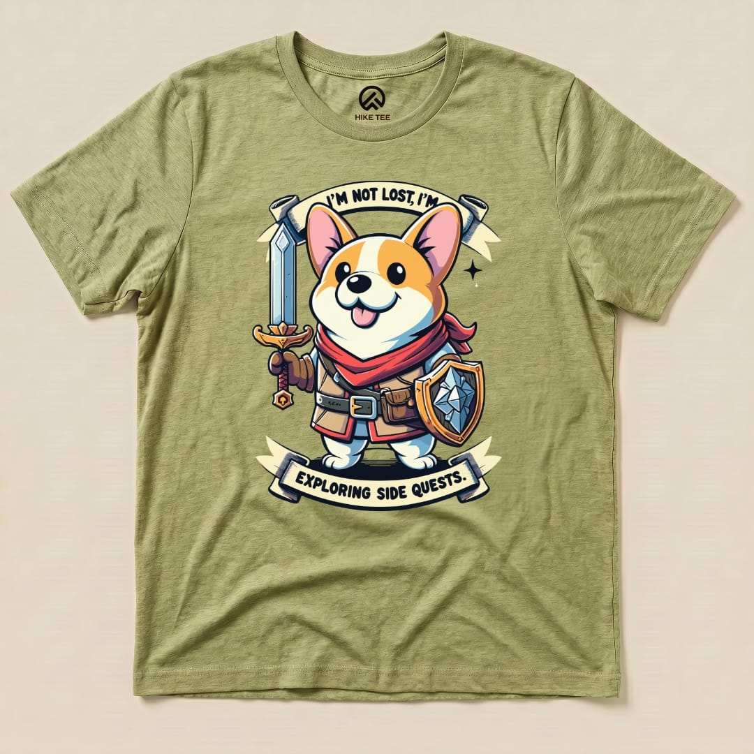 A flat lay of the "I'm Not Lost Corgi Shirt," featuring a cute corgi in hero attire, holding a sword and shield with the text below.