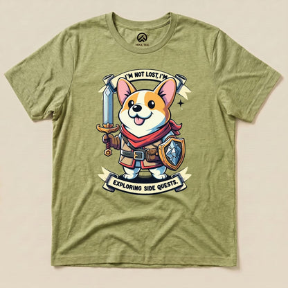 A flat lay of the "I'm Not Lost Corgi Shirt," featuring a cute corgi in hero attire, holding a sword and shield with the text below.