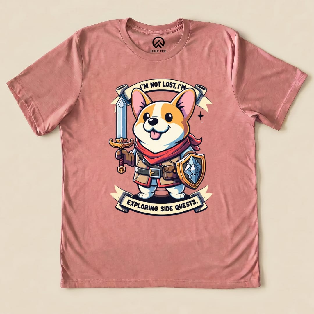 The "I'm Not Lost Corgi Shirt" features a cheerful corgi in a hero outfit holding a sword and shield, with the slogan beneath.
