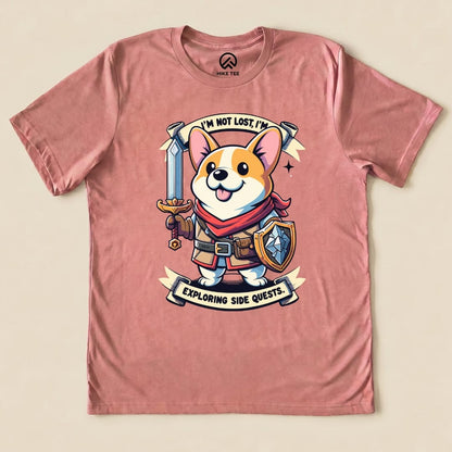 The "I'm Not Lost Corgi Shirt" features a cheerful corgi in a hero outfit holding a sword and shield, with the slogan beneath.