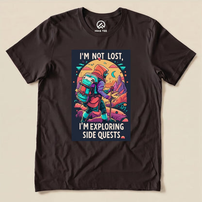 The "I'm Not Lost Shirt" features a colorful graphic of a hiker with a backpack, stating "I'm Not Lost, I'm Exploring Side Quests.