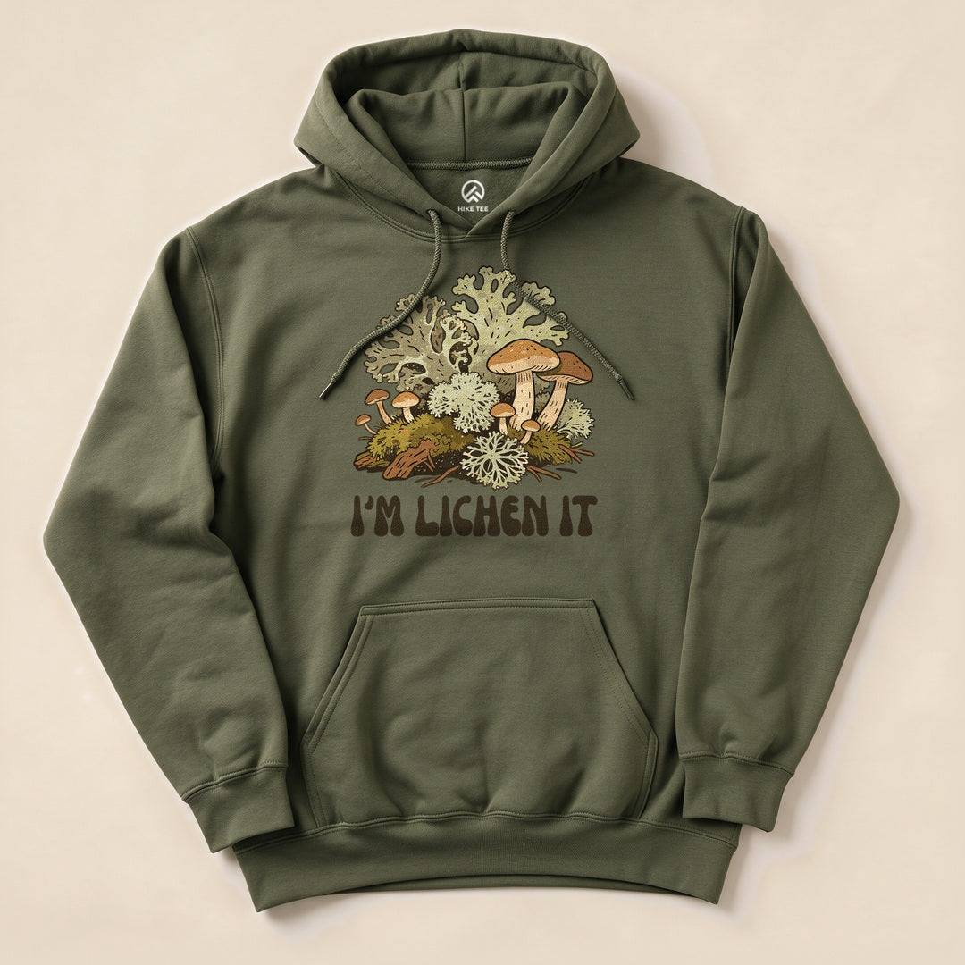 Military Green I'm Lichen It Hoodie with a vintage mushroom and lichen graphic