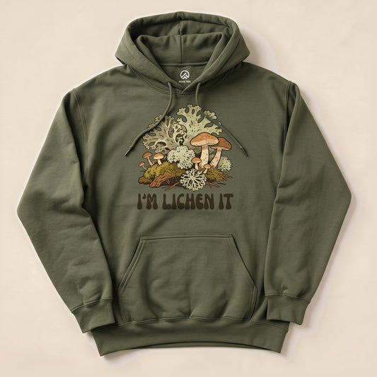 Military Green I'm Lichen It Hoodie with a vintage mushroom and lichen graphic