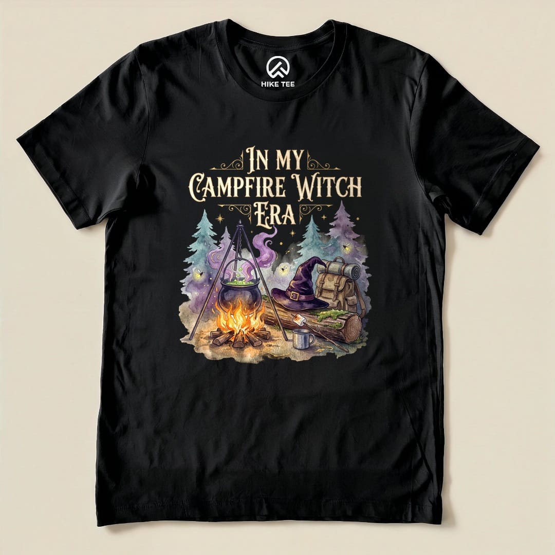 Black In My Campfire Witch Era Shirt with a witch cauldron over a campfire with a witch hat and backpack graphic