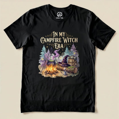 Black In My Campfire Witch Era Shirt with a witch cauldron over a campfire with a witch hat and backpack graphic