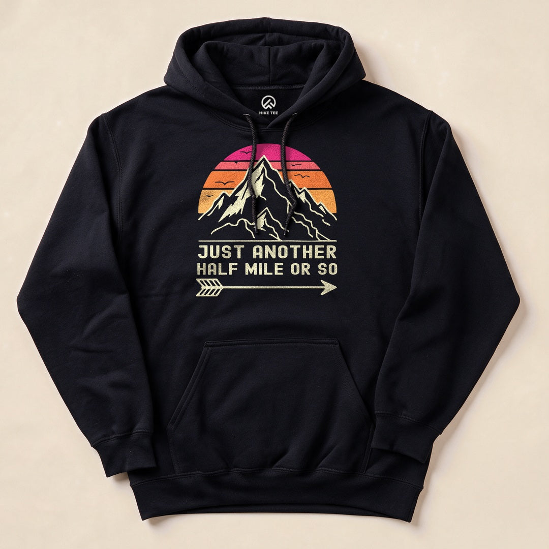 Black Just Another Half Mile Hoodie with a retro mountain sunset graphic