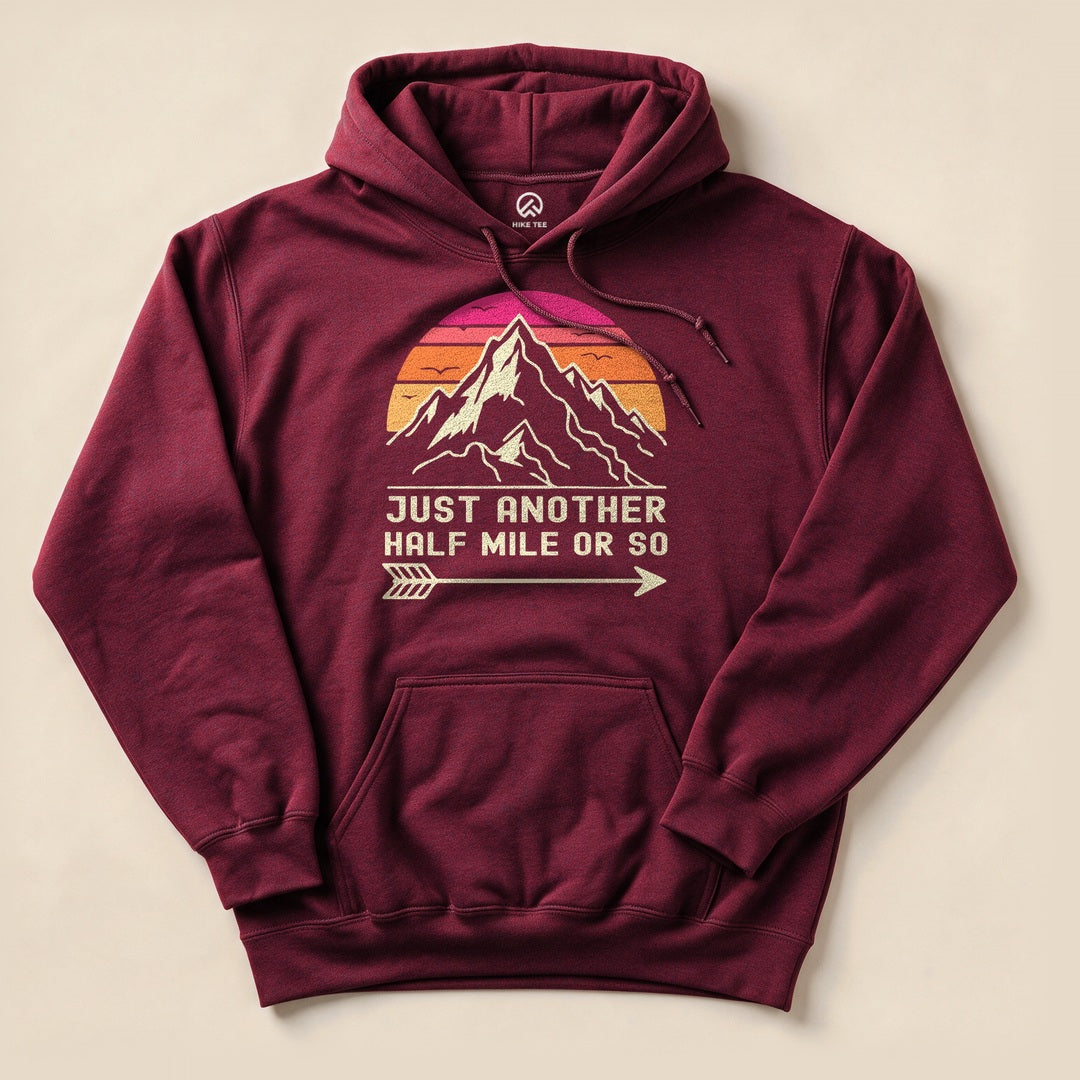 Maroon Just Another Half Mile Hoodie with a retro mountain sunset graphic