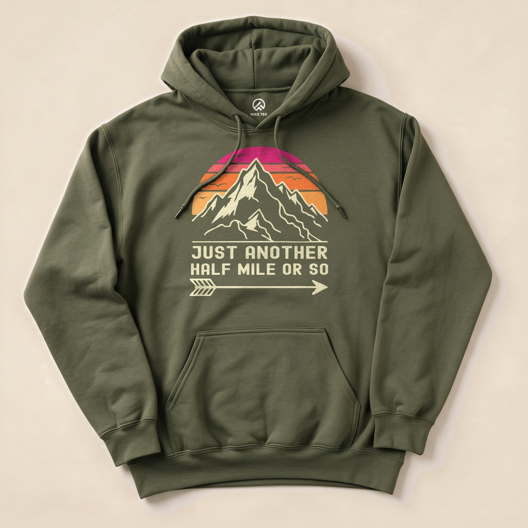 Military Green Just Another Half Mile Hoodie with a retro mountain sunset graphic