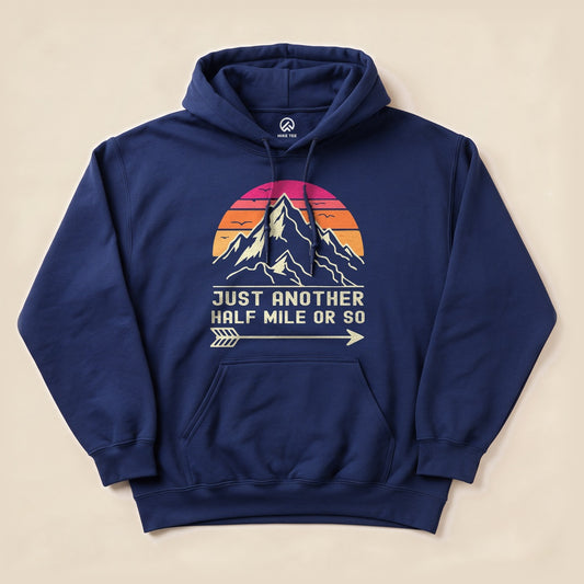 Navy Just Another Half Mile Hoodie with a retro mountain sunset graphic