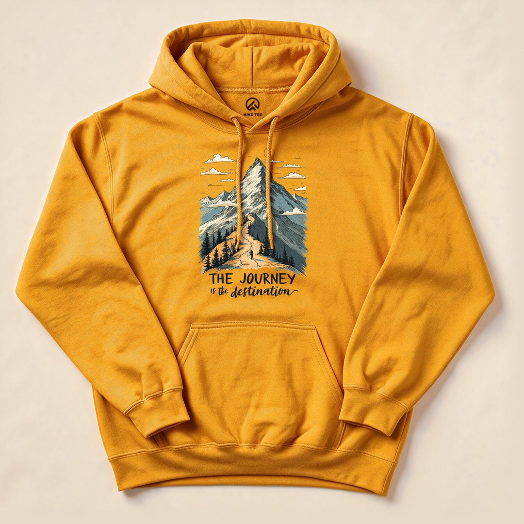 Gold The Journey Hoodie with a mountain trail illustration