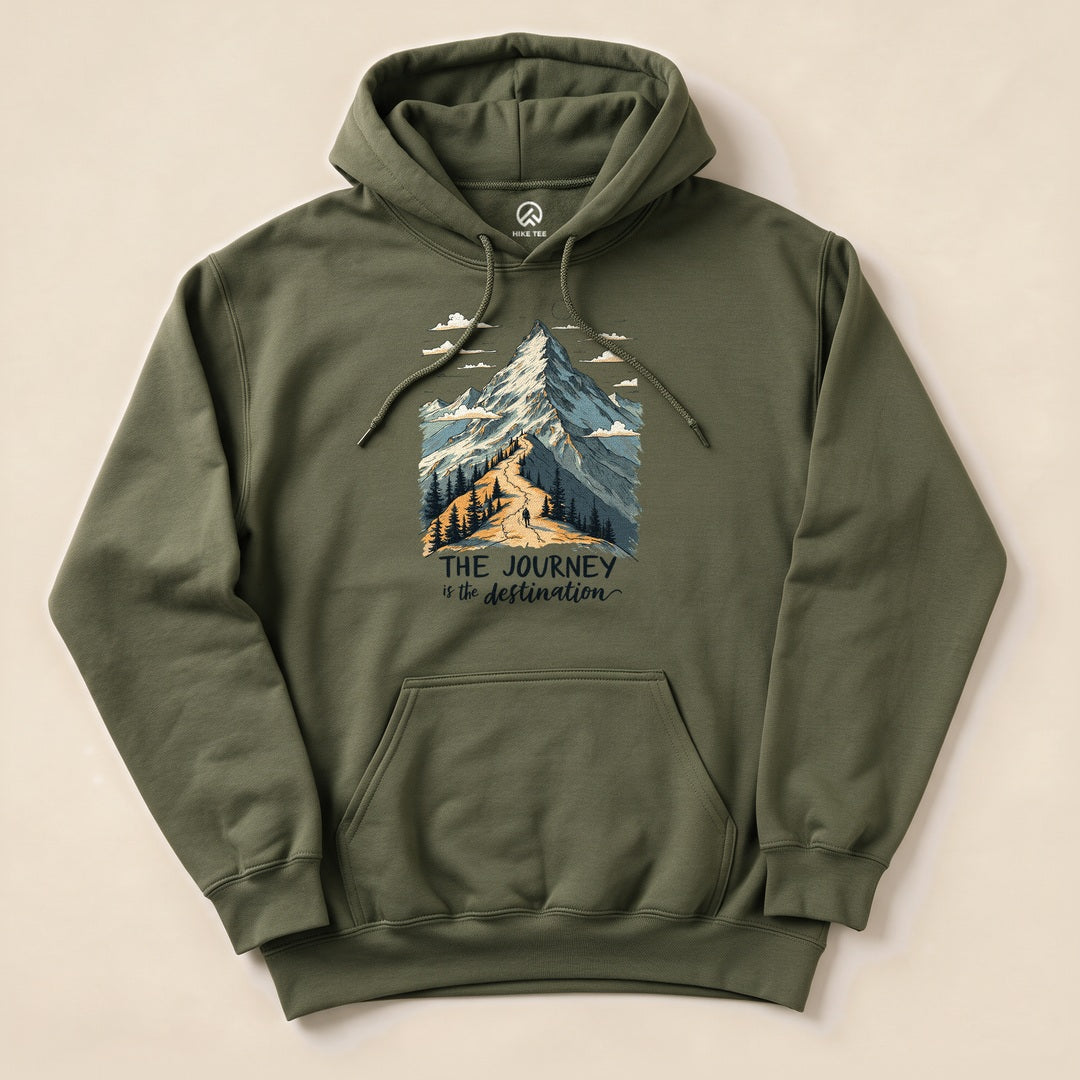 Military Green The Journey Hoodie with a mountain trail illustration