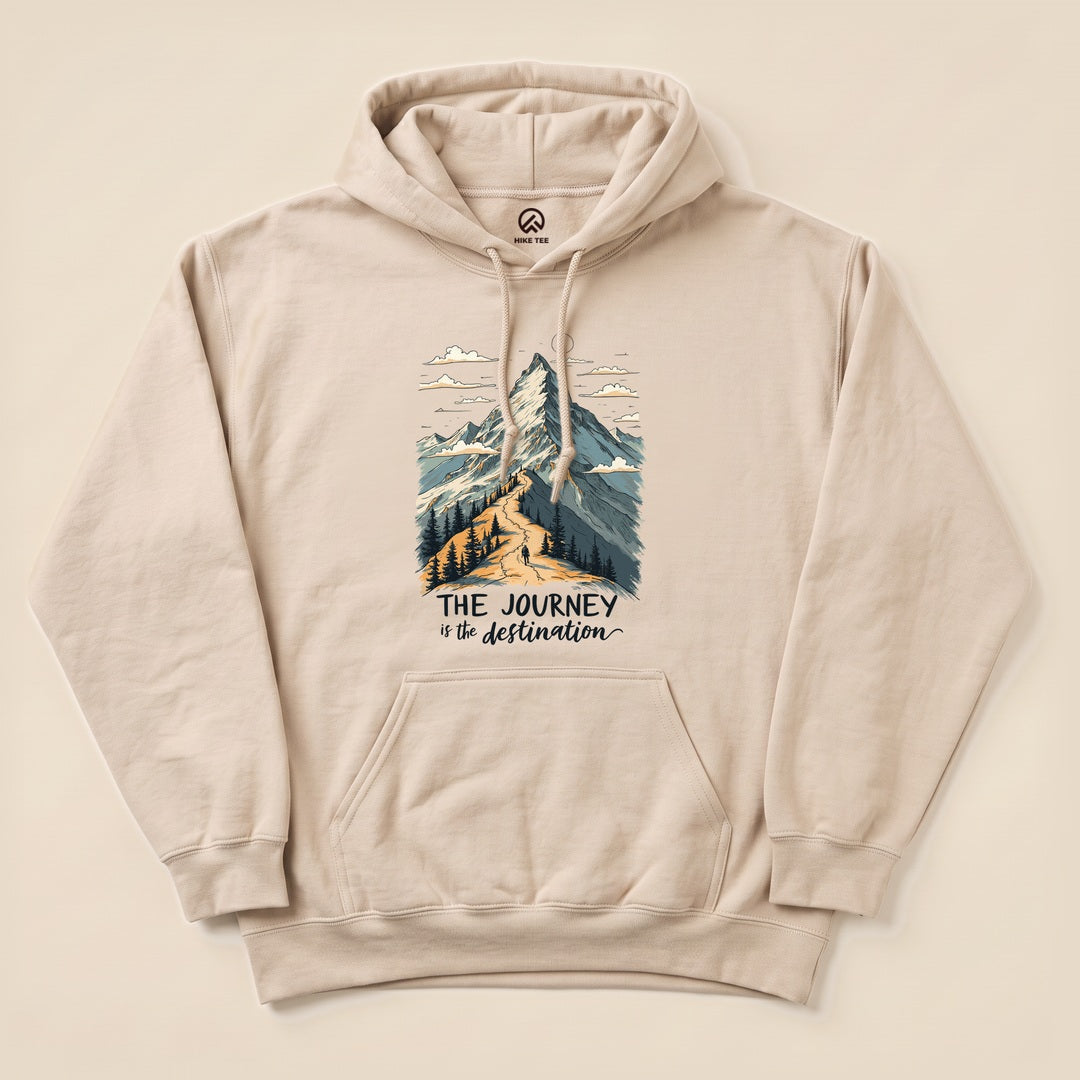 Sand The Journey Hoodie with a mountain trail illustration