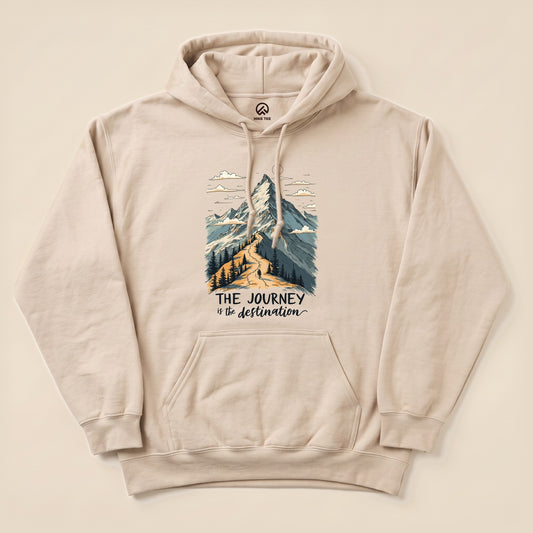 Sand The Journey Hoodie with a mountain trail illustration