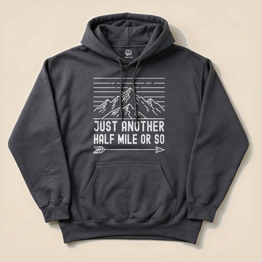 Dark Heather Just Another Half Mile Or So Hoodie with a retro mountain sunset graphic